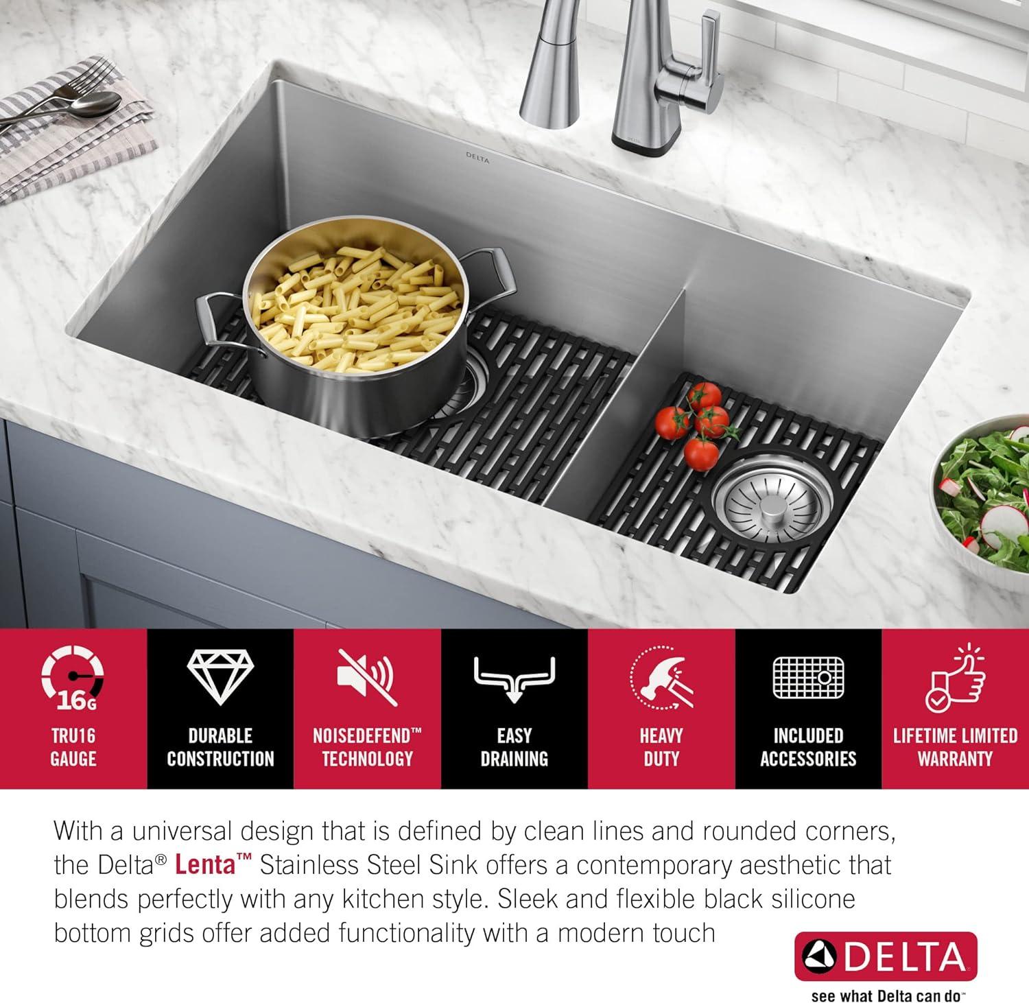 Delta Lenta™ 32" L Undermount 16 Gauge Stainless Steel Double Bowl Kitchen Sink with Accessories