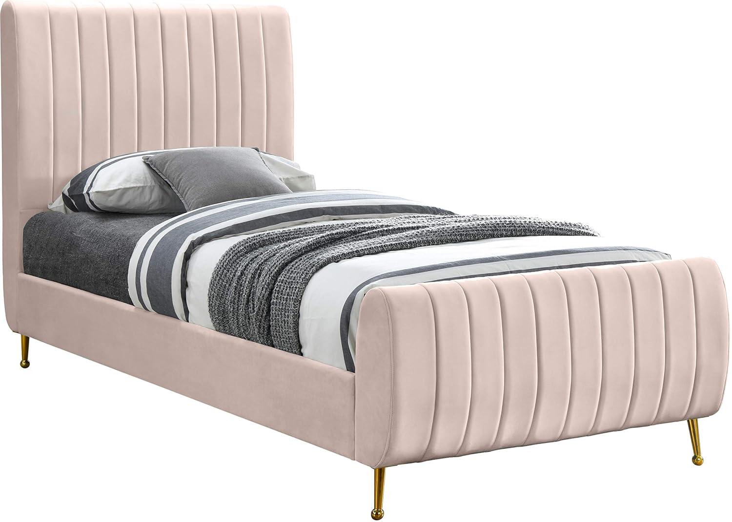 Meridian Furniture Zara Contemporary Queen Bed with Gold Legs and Slats, Pink Velvet
