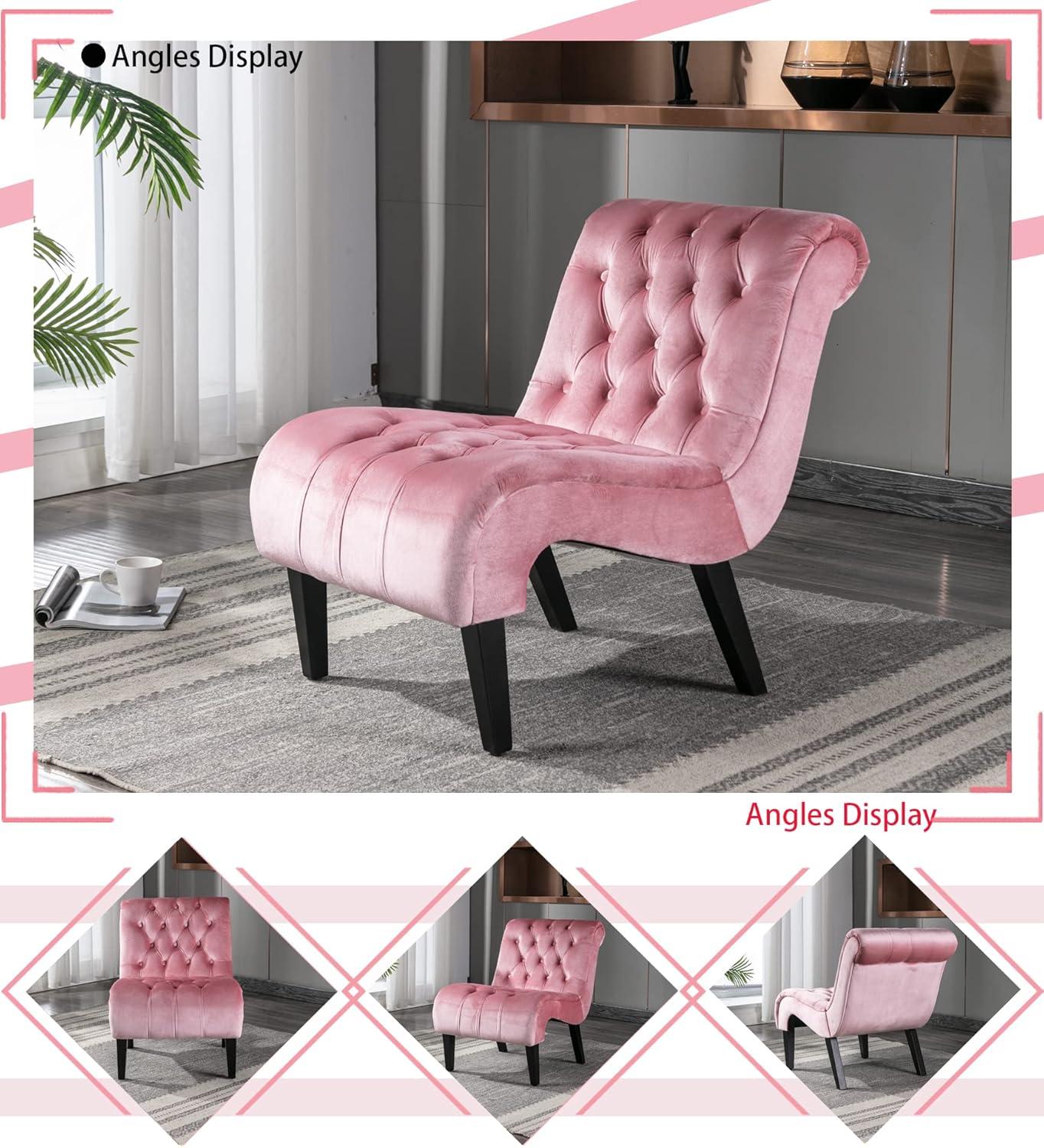 Accent Tufted Armless Chaise Lounge, Leisure Reclining Chair with Wood Legs, Modern Lounge Sofa, for Indoor Home Living Room Bedroom, Pink