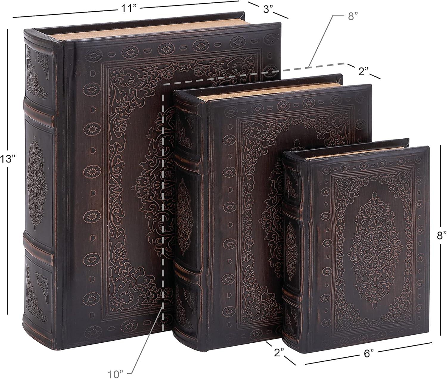 Vintage Illustration Dark Brown Wood & Faux Leather Decorative Book Box Set of 3