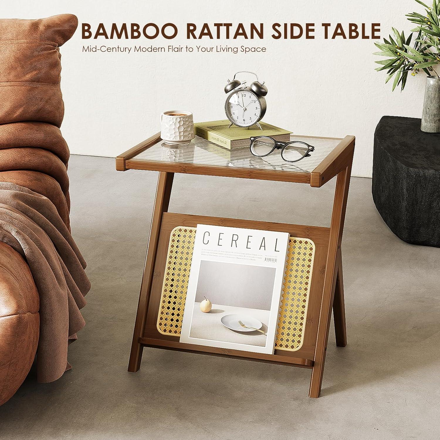 Rattan Side Table Boho NightStand Mid Century Modern End Table Glass Bedside Table Small End Tables Bamboo Coffee Table with Storage Record Player Stand for Living Room Bedroom