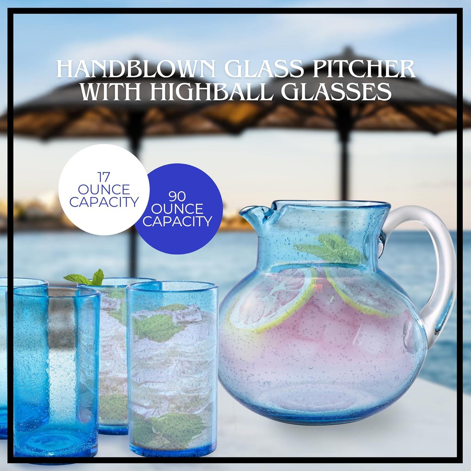 Artland Iris 90oz Hand Blown Pitcher & Set of 4 17oz Highball Glasses, Unique Bubble Design, Lead-Free Glass for Serving Beverages - Turquoise