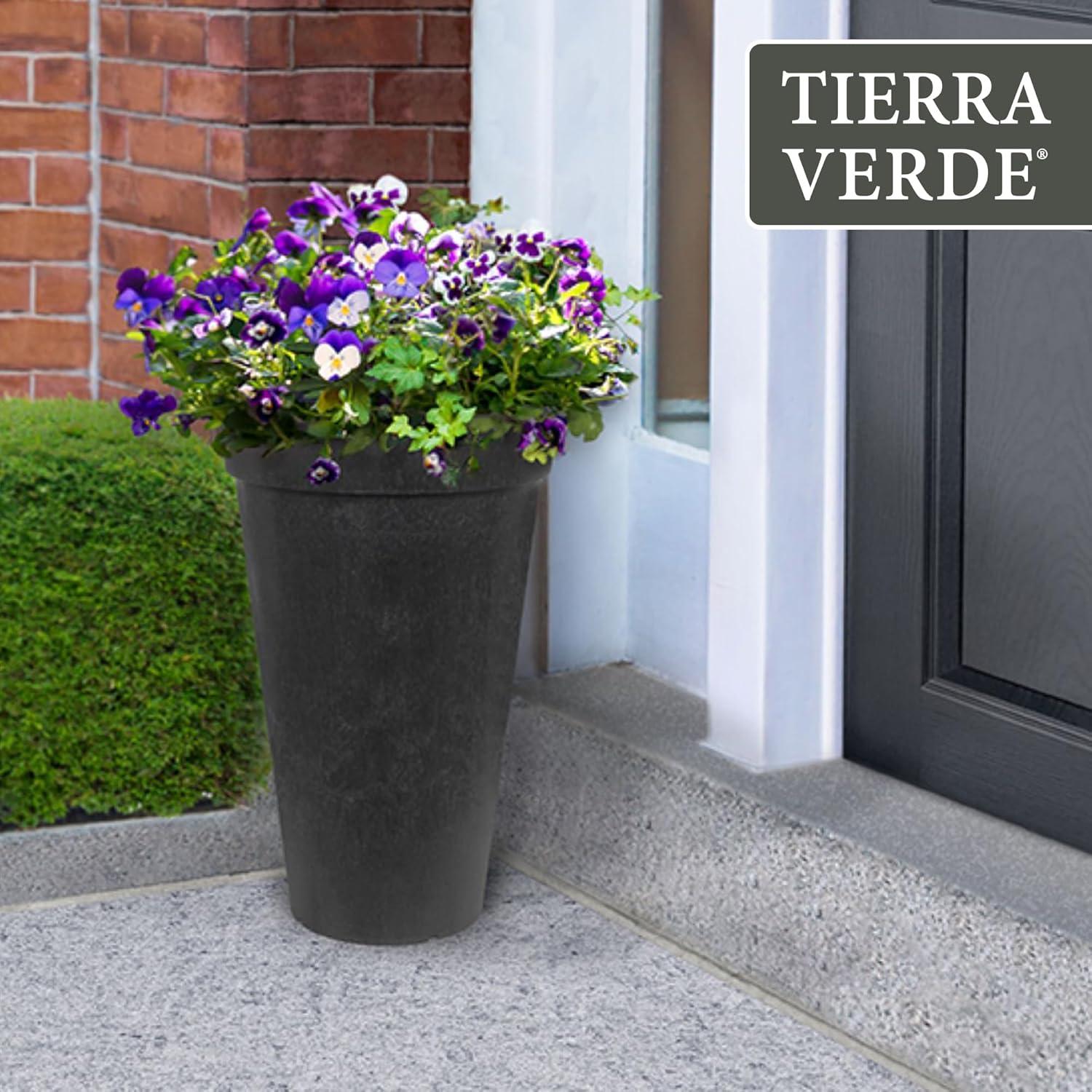 Tierra Verde 2 Pack Aria Indoor/Outdoor Self Watering Tall Round Planter, Weatherproof for Patio, Garden, and Porch Use, 12.5"W x 20"H, Black