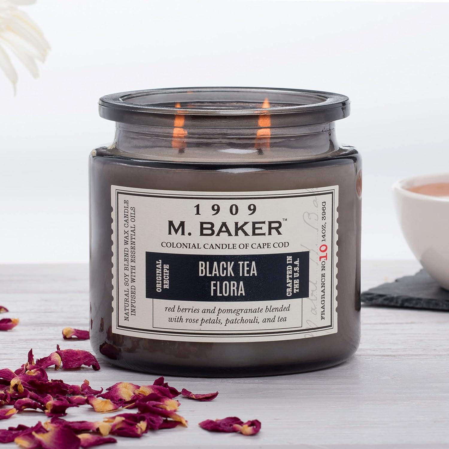 Colonial Candle M Baker Black Tea Flora Scented Jar Candle, 2 Wick, 14 oz, 60 Hours Burn, Floral