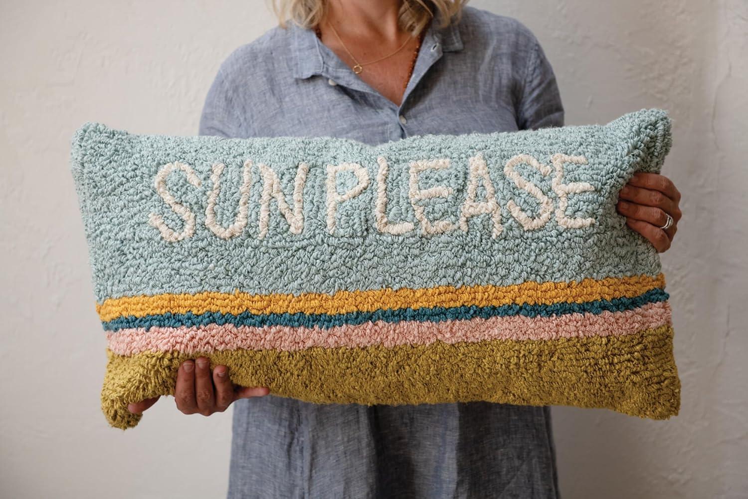 Creative Co-Op Woven Cotton Punch Hook Lumbar Pillow with "Sun Please" Design