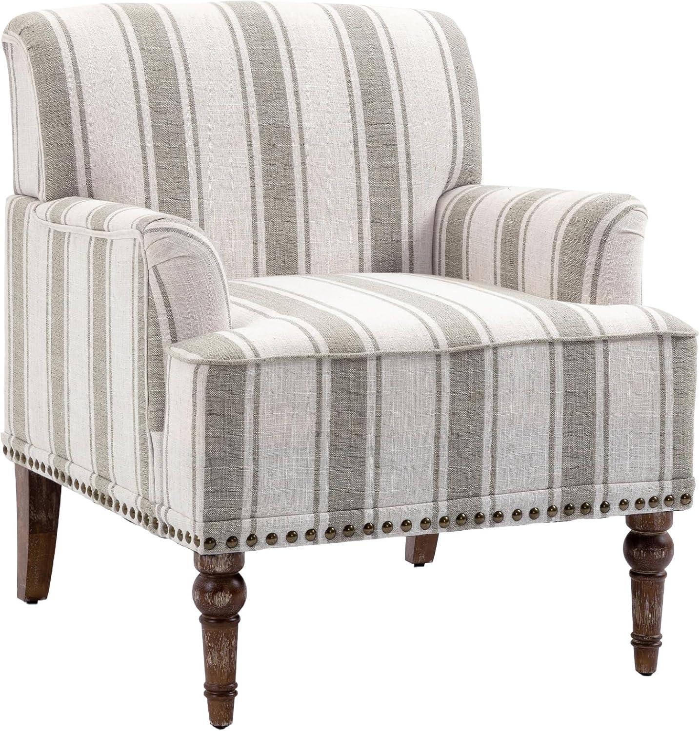 Brown Striped Linen Accent Chair with Wooden Legs