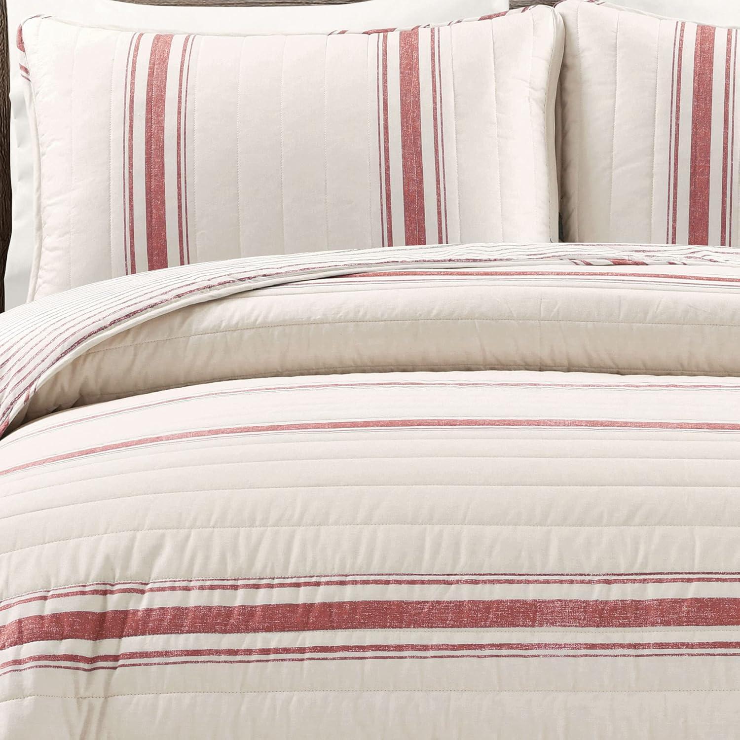 Lush Decor Farmhouse Stripe Cotton Reversible Quilt, King, Red, 3-Pc Set