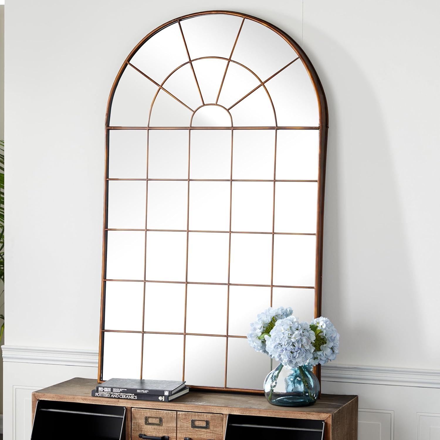 DecMode Contemporary Squre Wood Window Shaped Wall Mirror, 56"W x 44"H with Distressed Brass Colored Frame