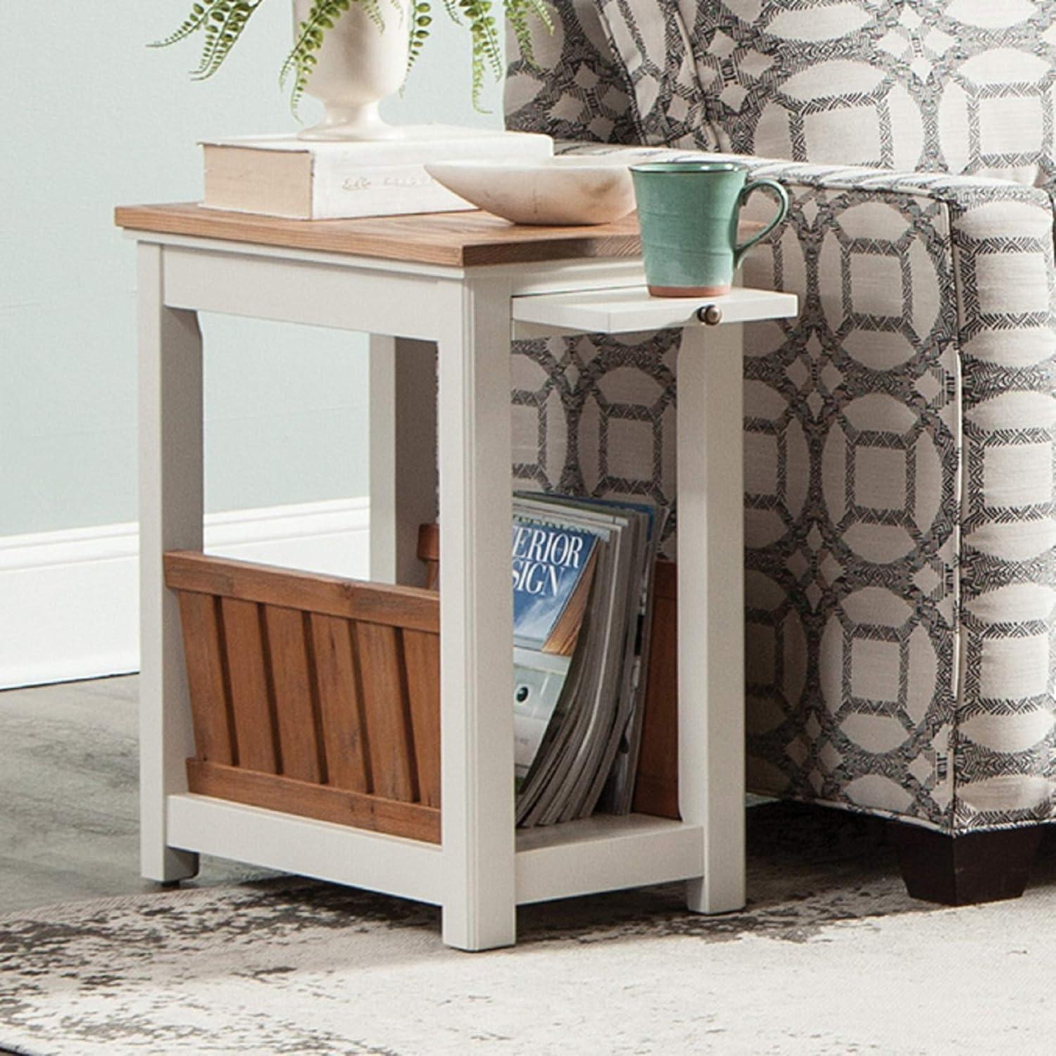 Savannah Chairside Magazine End Table with Pull Out Shelf Ivory with Natural Wood Top - Bolton Furniture