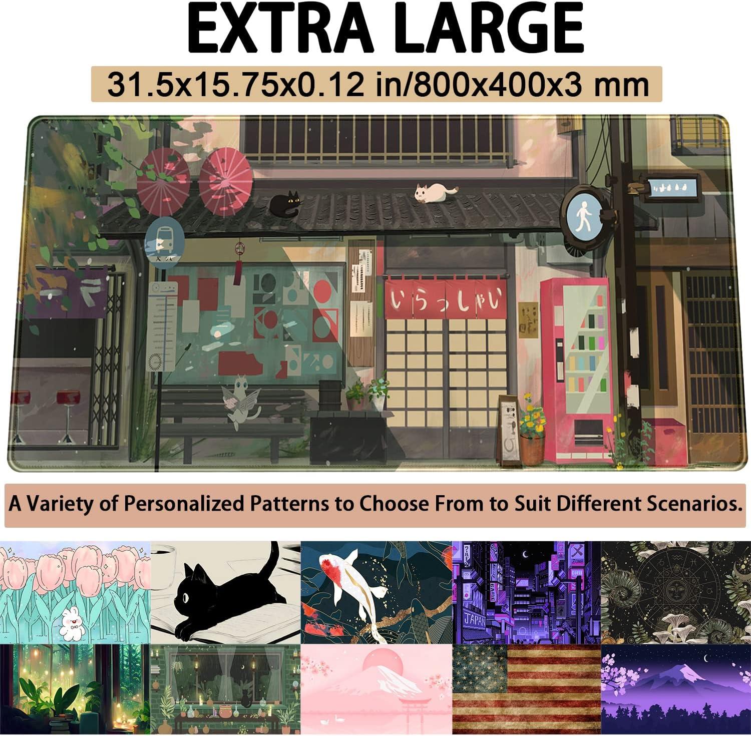 Cat Cafe Desk Mat Cute Anime Mouse Pads, Kawaii Desk Pad Large Gaming Mousepad XXL 31.5x15.75 in, Japanese Street Aesthetic Keyboard Mat Pad, Laptop Computer Desktop Decor Mat for Women Office
