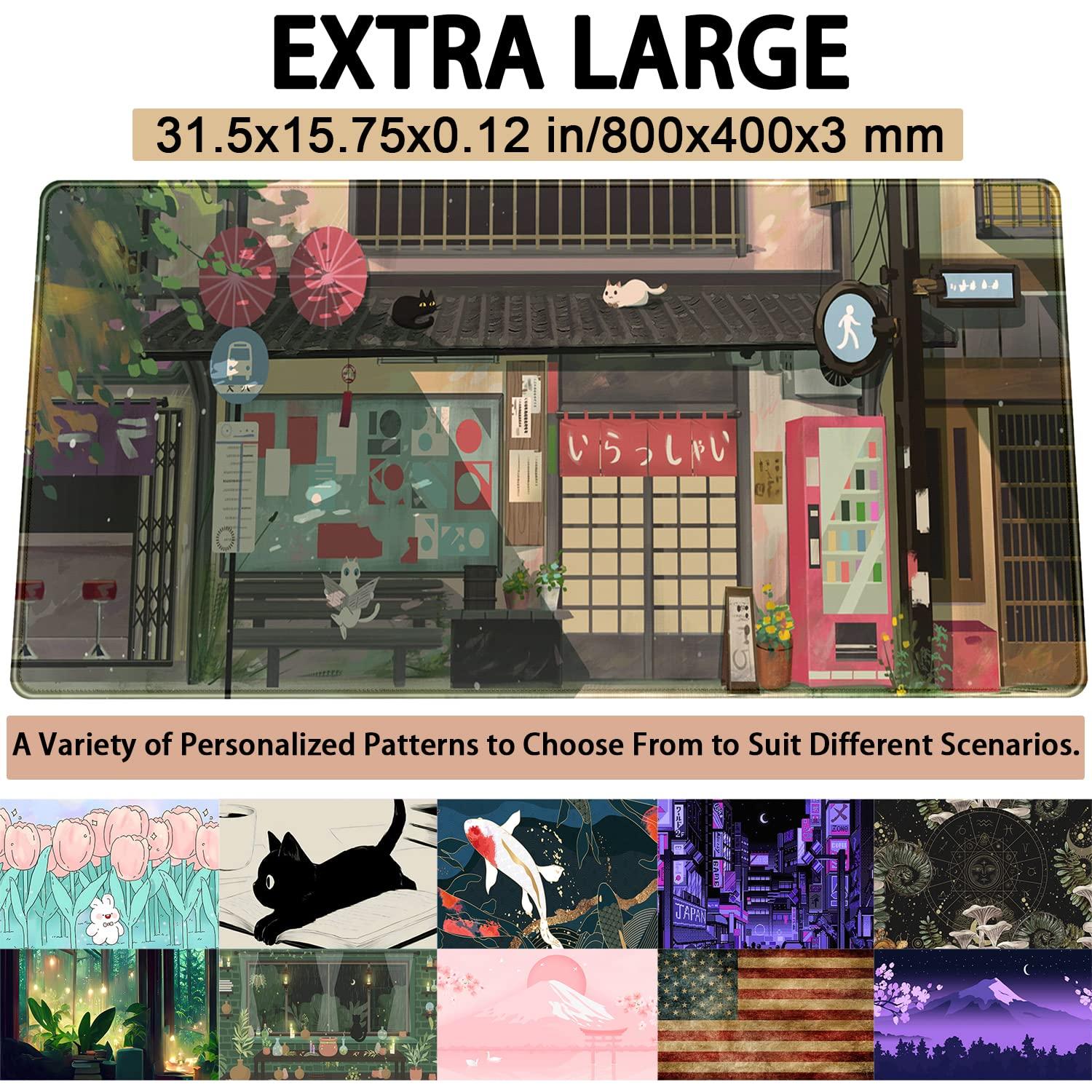 Cat Cafe Desk Mat Cute Anime Mouse Pads, Kawaii Desk Pad Large Gaming Mousepad XXL 31.5x15.75 in, Japanese Street Aesthetic Keyboard Mat Pad, Laptop Computer Desktop Decor Mat for Women Office