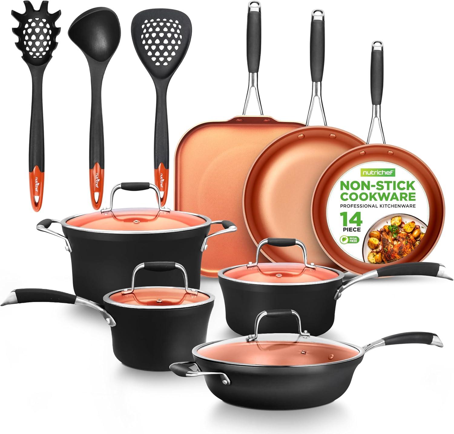 NutriChef 14-Piece Copper Non-Stick Aluminum Cookware Set