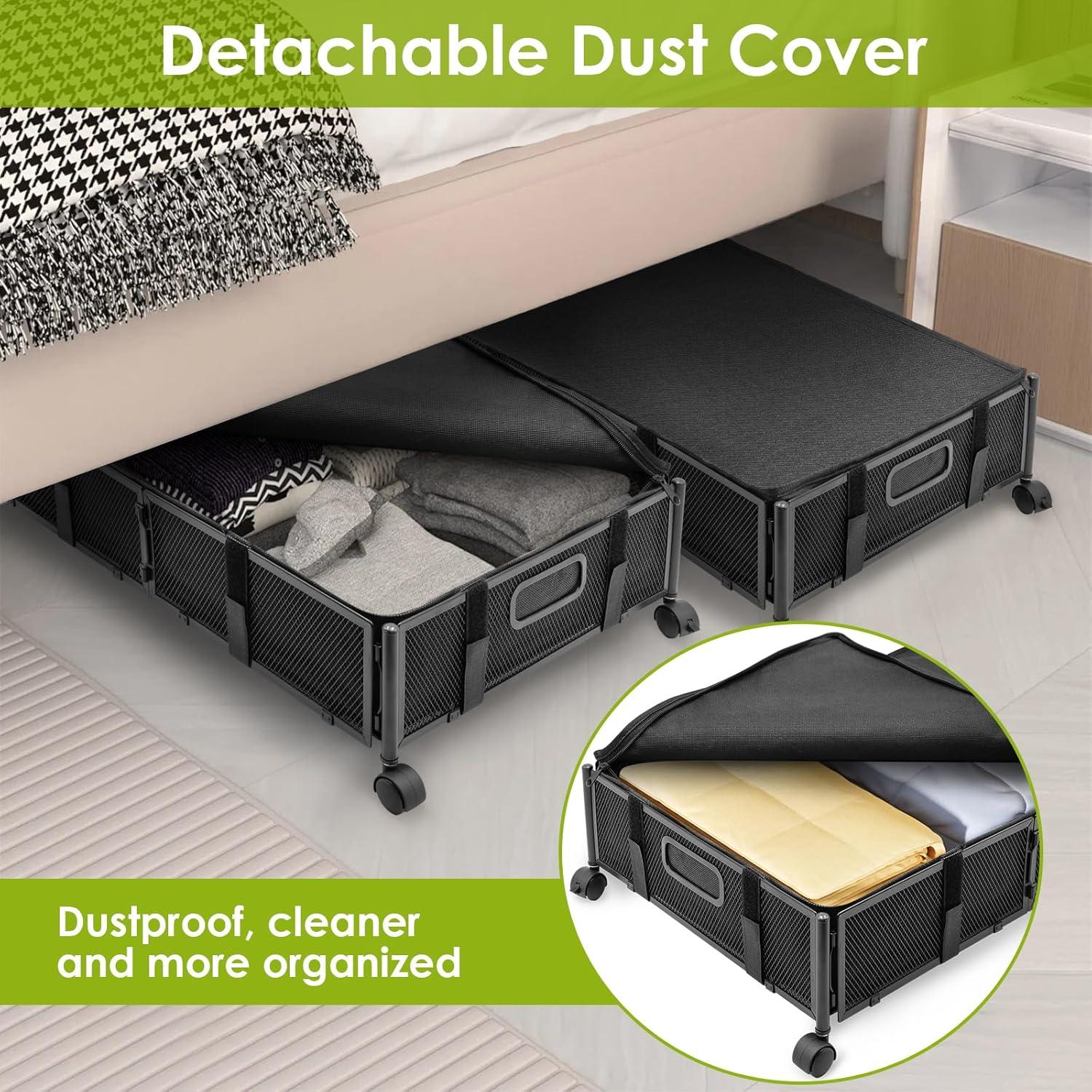 Black Metal Rolling Under Bed Storage Containers with Dust Lids