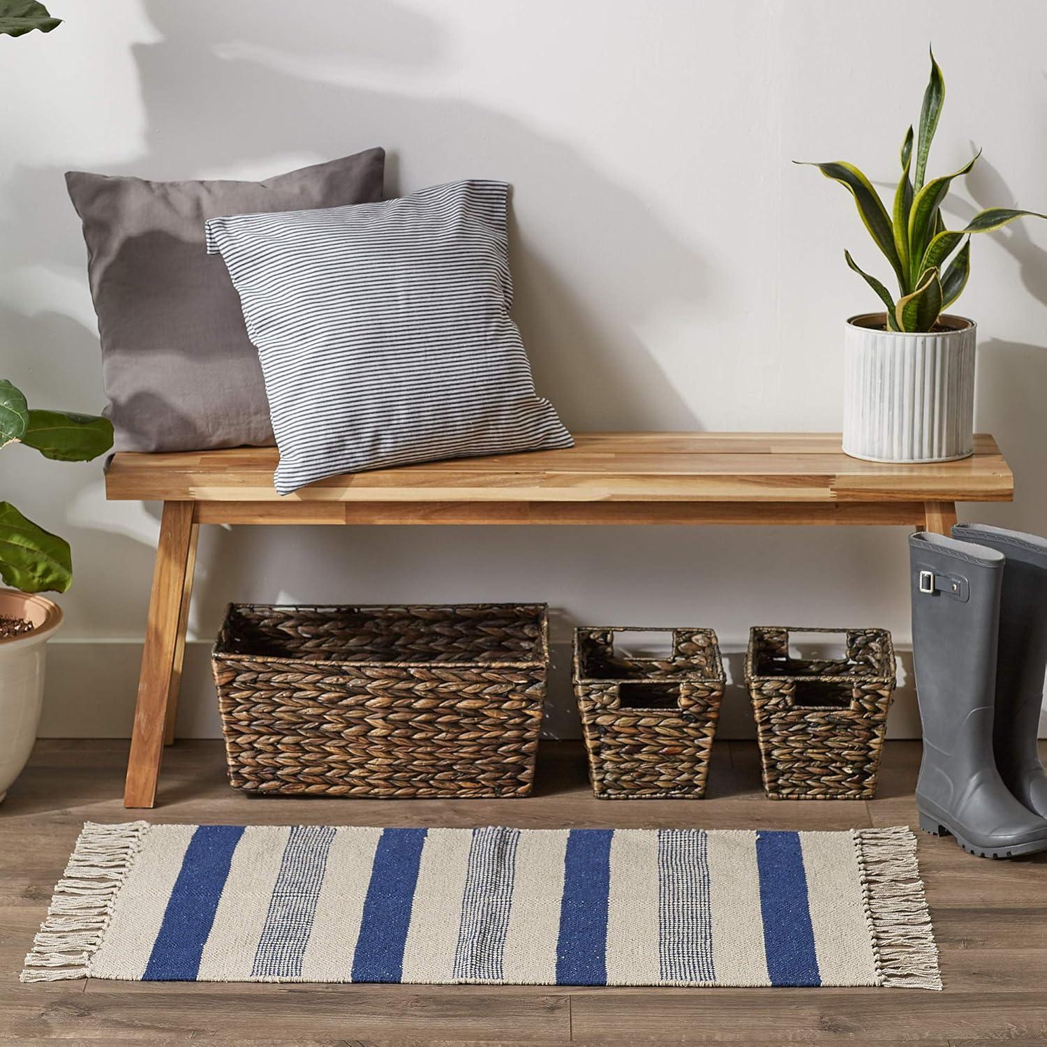 French Blue Striped Hand-Loomed Cotton Rug 24x36 Inch