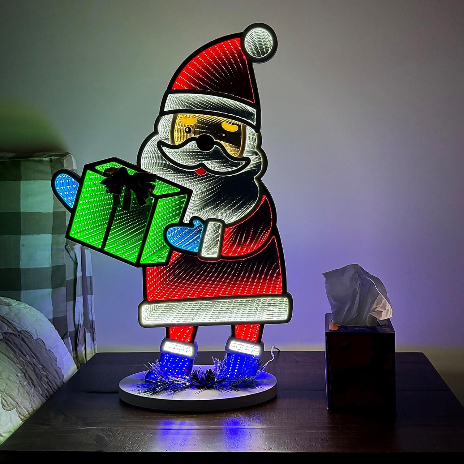 Elumina Decor Santa Infinity Mirror Light with Stand - LED Christmas Decoration - USB-Powered - Santa Claus 3D LED Infinity Light - Indoor Seasonal Holiday Decor for Windows or Tables - 16" x 24"
