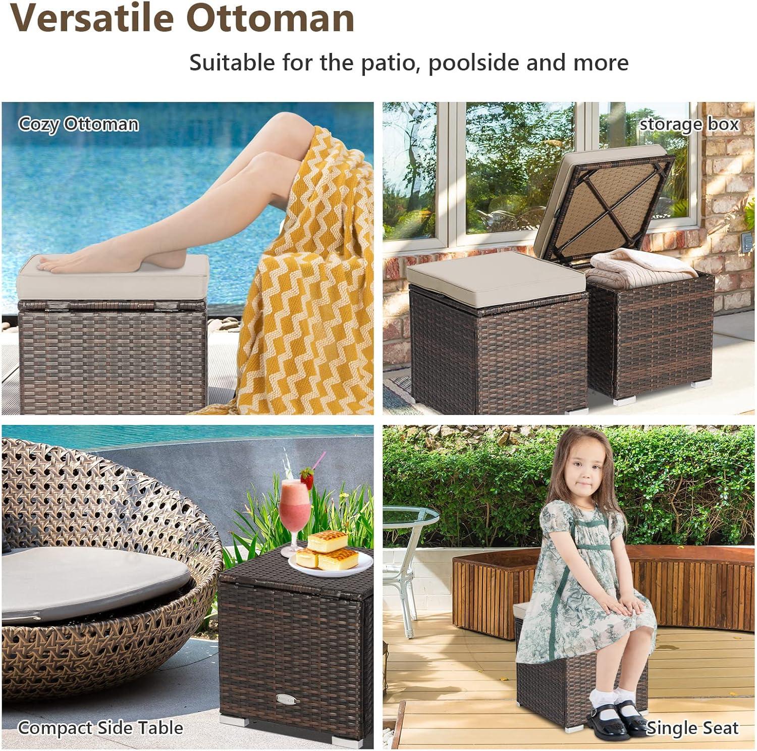 Navy Cushioned PE Rattan Storage Ottomans Set