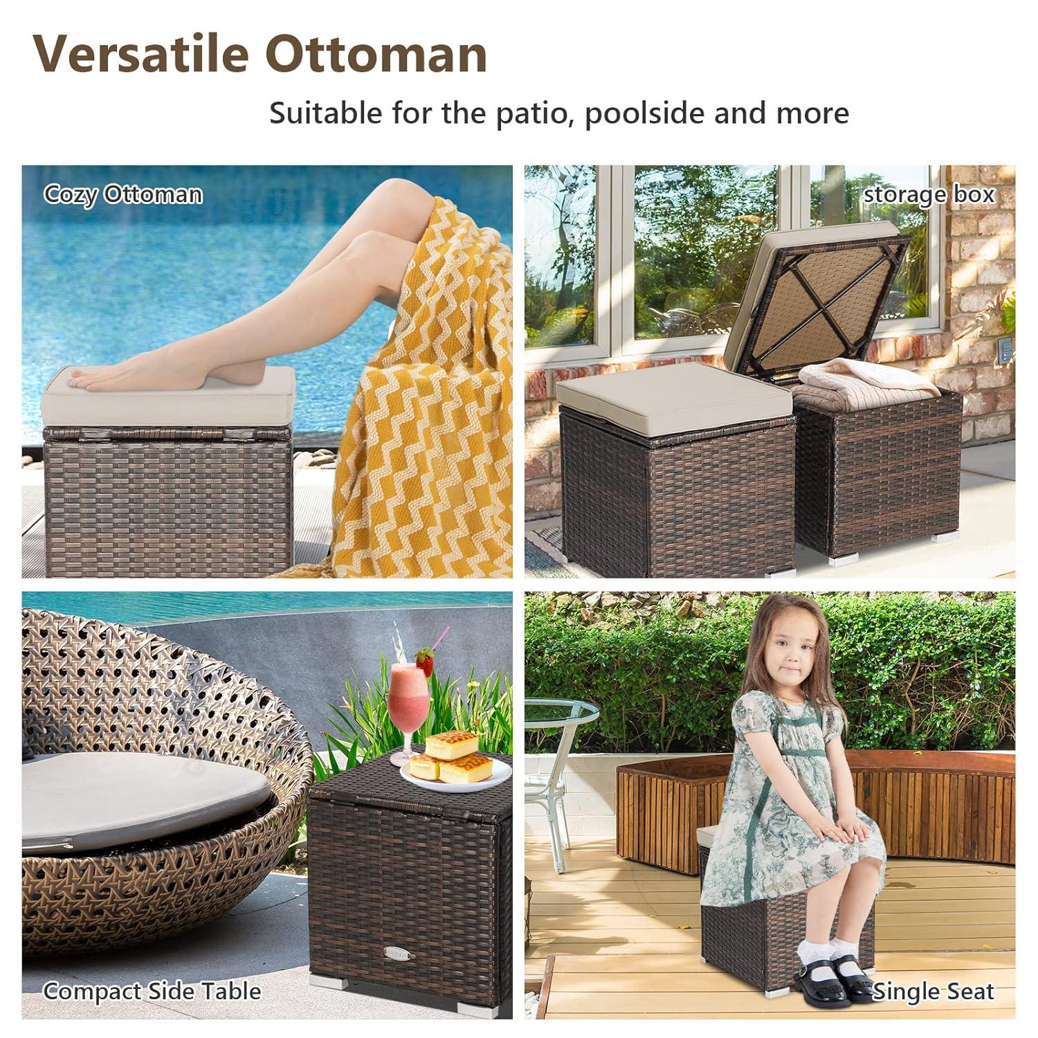 Navy Cushioned PE Rattan Storage Ottomans Set