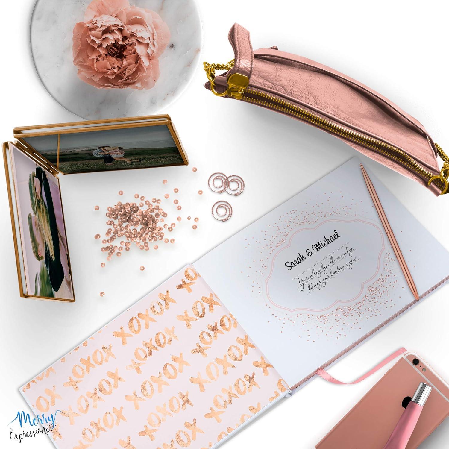 Merry Expressions Rose Gold Wedding Guest Book & Pen Set - 9" x 7" Hardcover 100 Page/50 Sheets