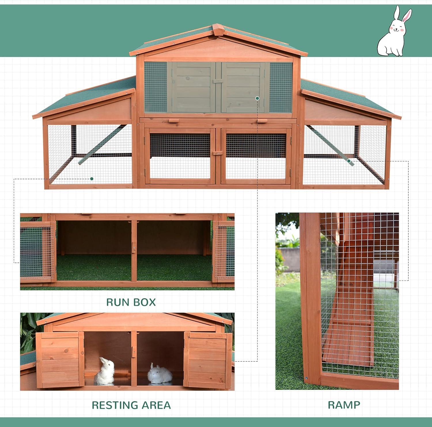 PawHut 88.5" Wooden Rabbit Hutch Bunny Hutch Guinea Pig House with Removable Tray, Double Ramp and Weatherproof Asphalt Roof for Outdoor