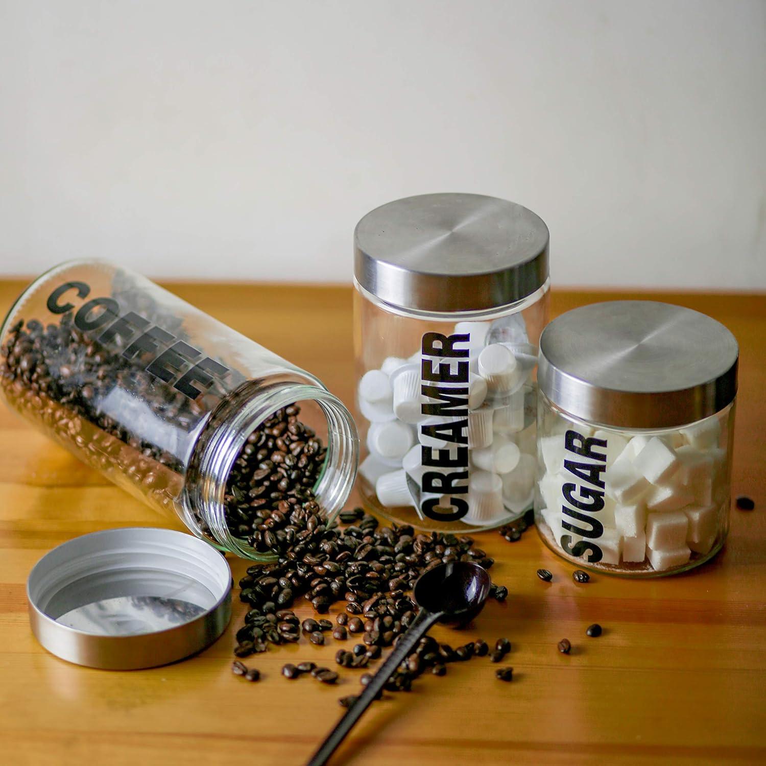 KMwares Glass Food Jars, Clear Storage Containers with Stainless Steel Lid, Airtight Glass Canisters Set for Coffee, Sugar and Creamer Container Set of 3 w Stainless Steel Lids((Sizes/57/44/29 oz)