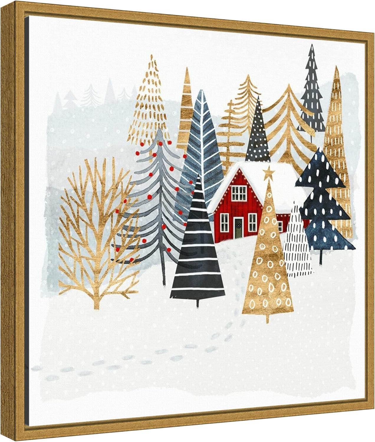 Christmas Chalet Red Cabin Canvas Print with Gold Frame