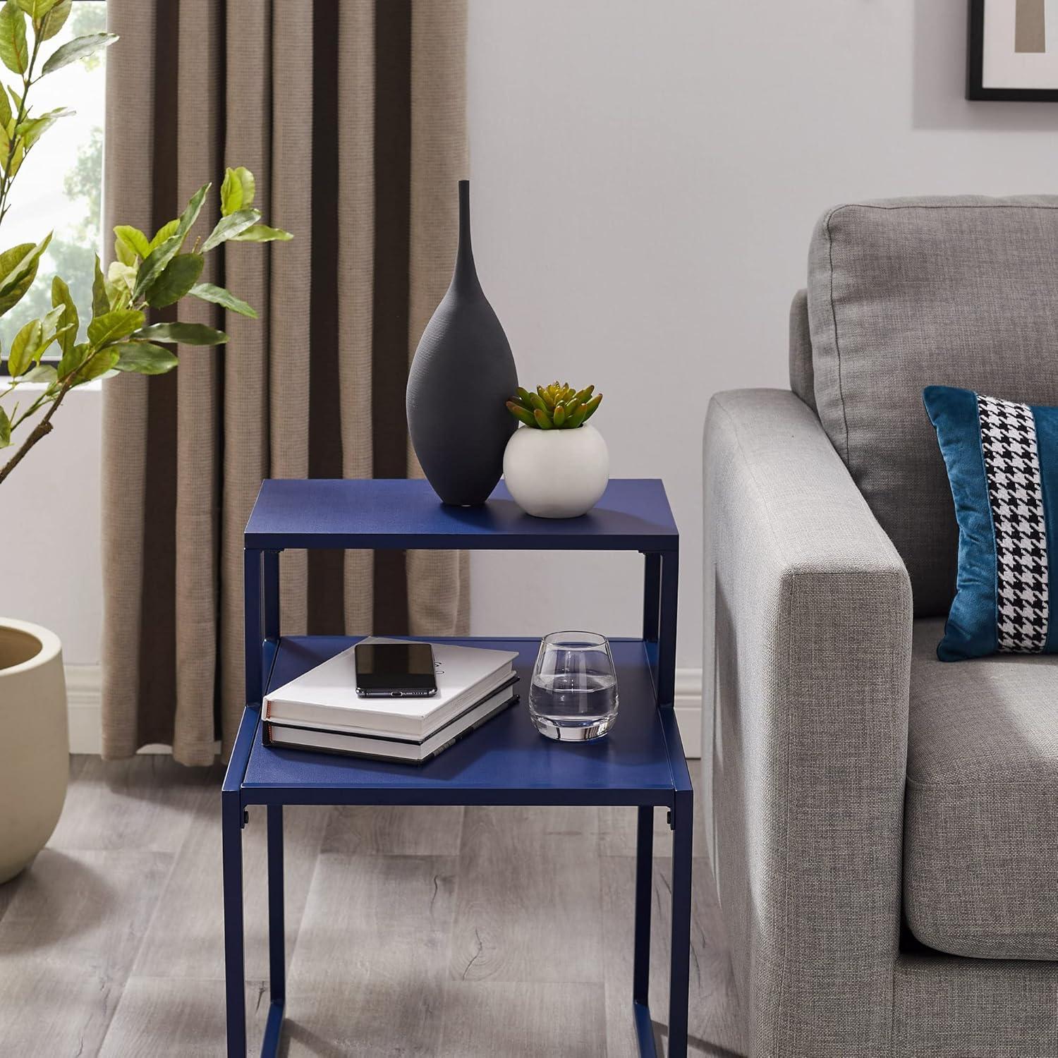 Blue Metal and Wood 16" Two-Tier Side Table