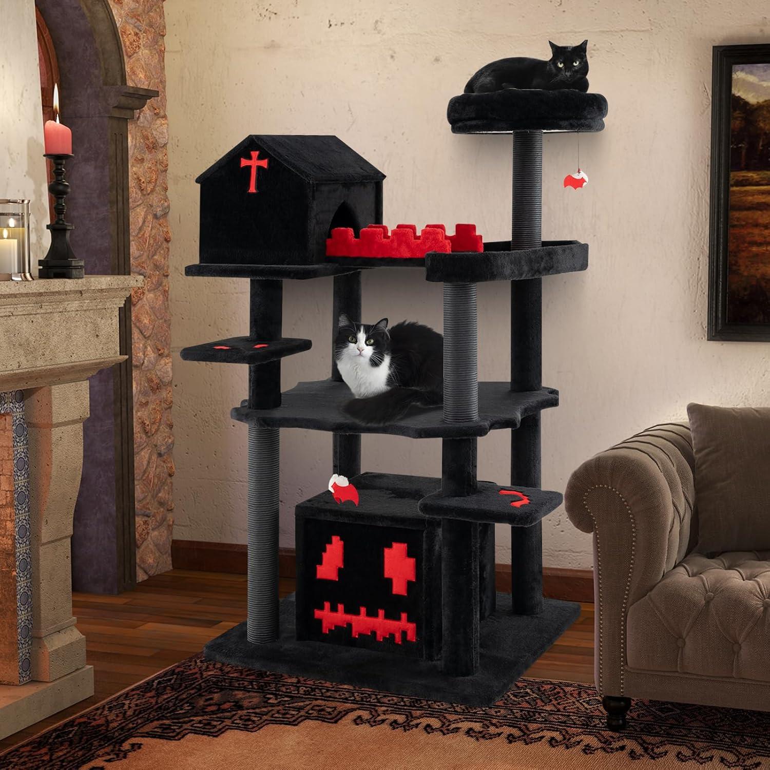 Tangkula Gothic Cat Tree 49" Tall Cat Tower w/ Coffin Bed & 2 Condos & Cozy Perch