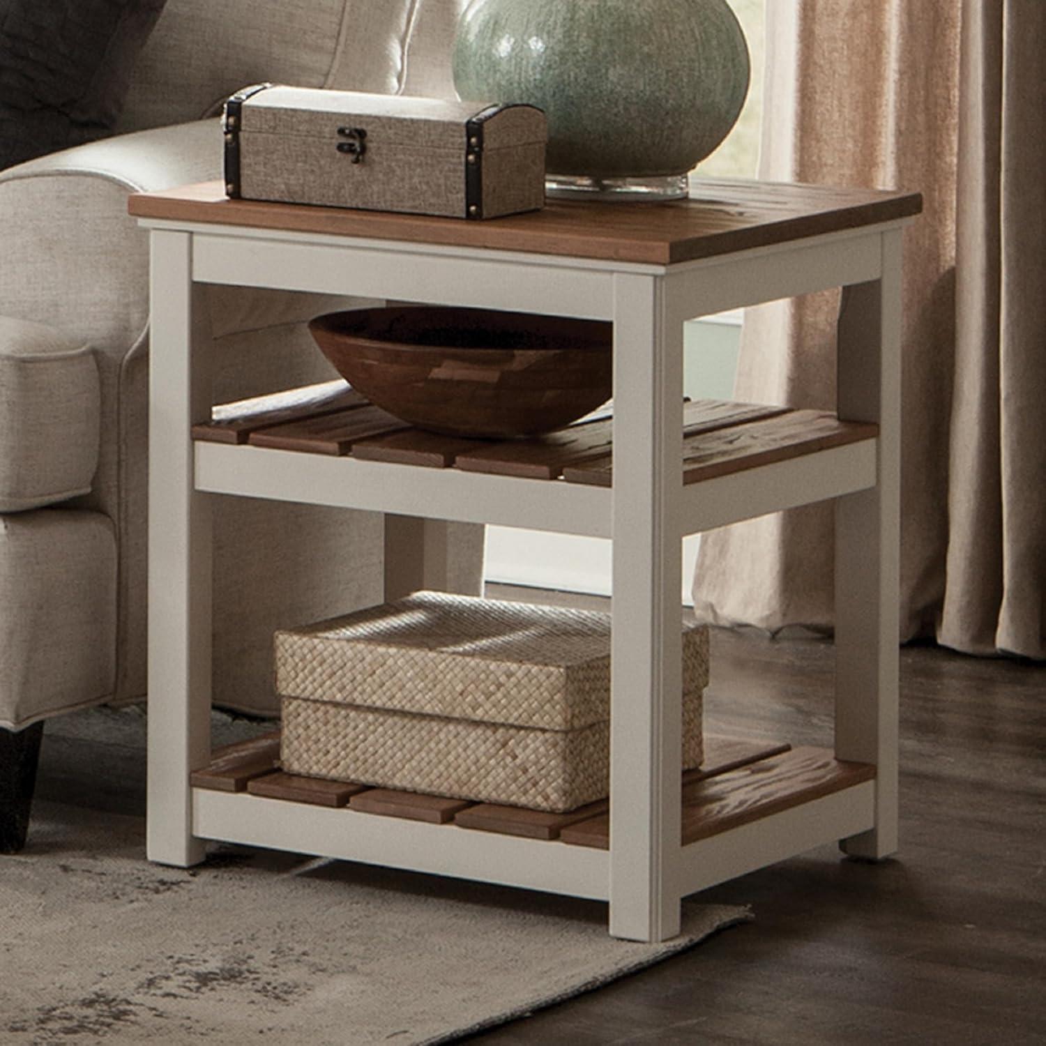 Alaterre Savannah 2 Shelf End Table, Ivory with Natural Wood Top