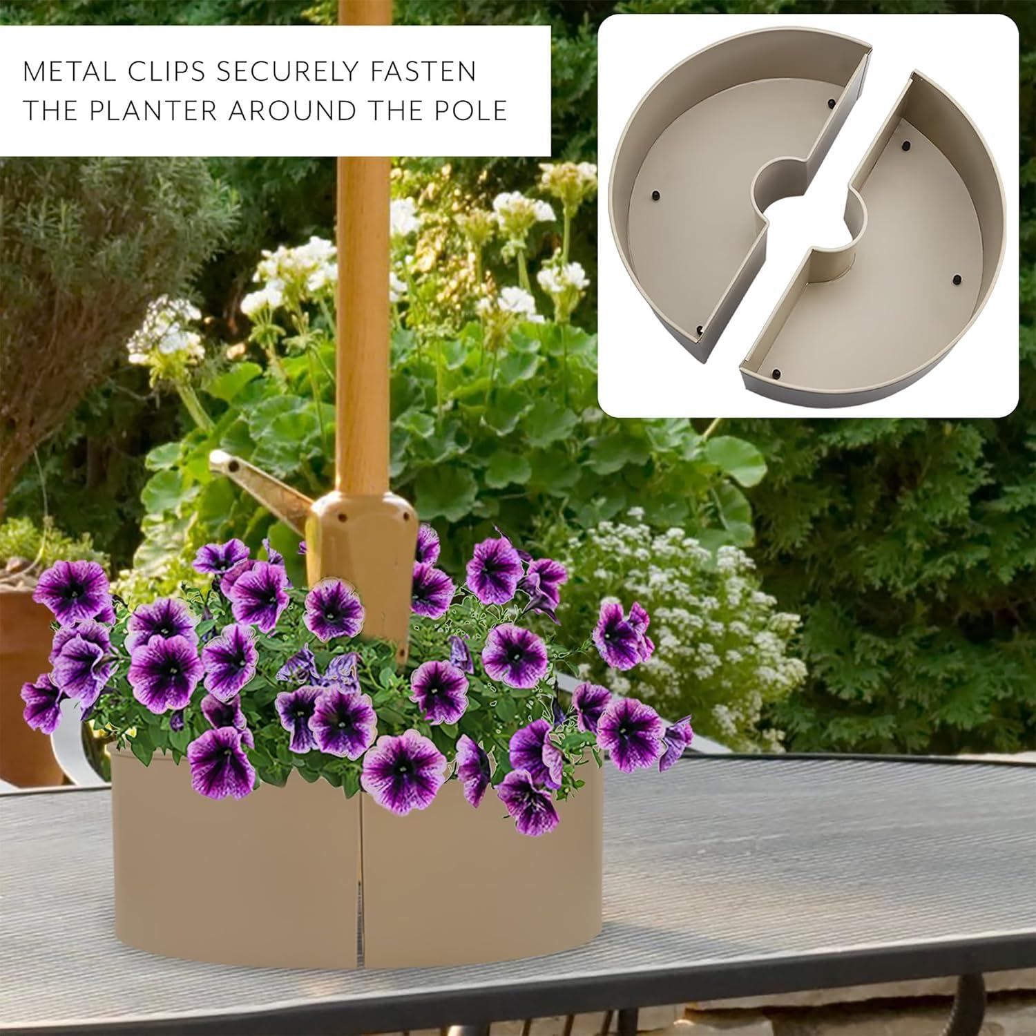 AuldHome Design Greige Round Umbrella Planter for Patio Table, Enamelware Half-Circle Planter Pots