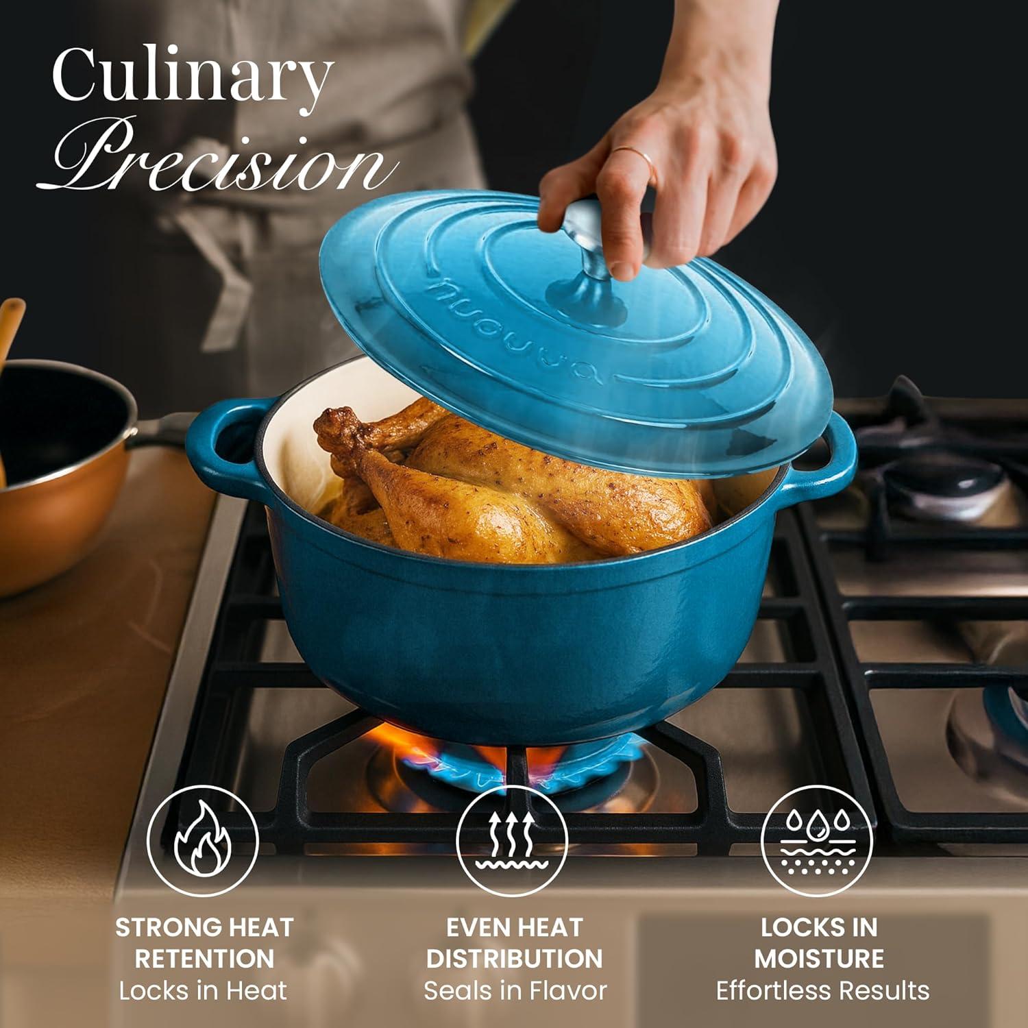 Nuovva Enamelled Cast Iron Dutch Oven Pot with Lid 6.4 Quart Non Stick Casserole Pot – Heavy Duty & Oven Safe up to 500° F for Bread Baking, Braising, Stews, Roasting – 28cm Light Blue