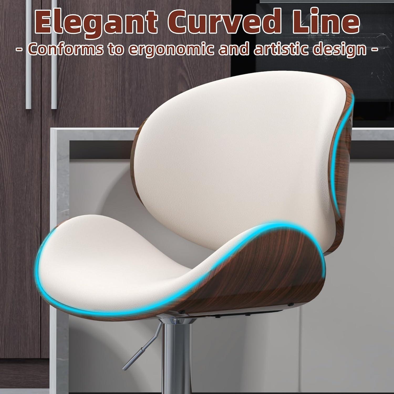 civama Bar Stools Set of 2 for Kitchen Counter, Adjustable Bar Height Chairs, Modern Swivel Barstools with Bentwood Seat and Back with Footrest, for Kitchen Island, Dining Room, White PU Leather