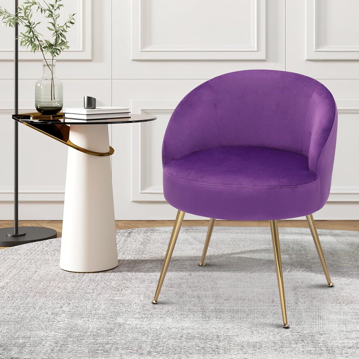 MoNiBloom Velvet Barrel Accent Chair with for Bedroom, Modern Vanity Chair for Living Room, Upholstered Arm Chair Guest Chair with Golden Metal Legs, Purple