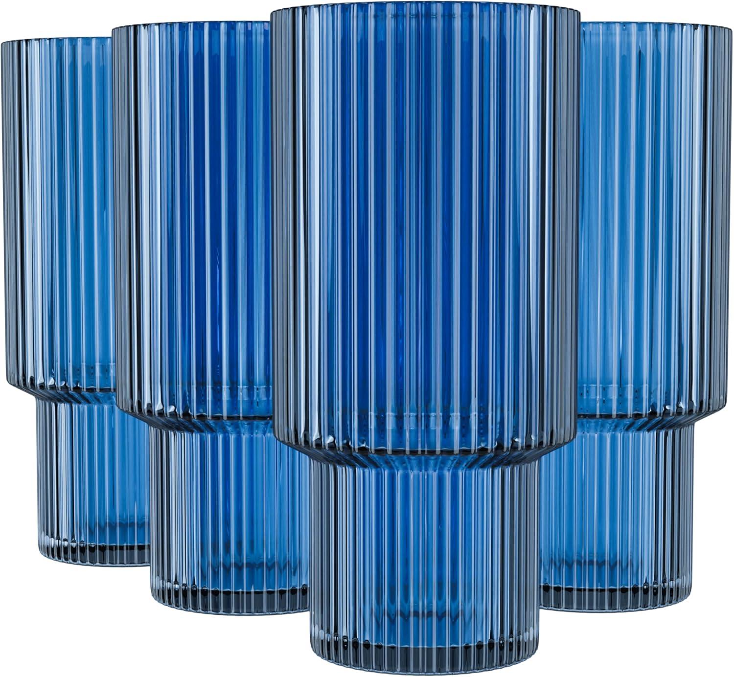 American Atelier Vintage Art Deco 11 oz. Fluted Drinking Glasses 4-Piece, Unique Cups for Weddings, Cocktails or Bar, Ribbed Glass Cup