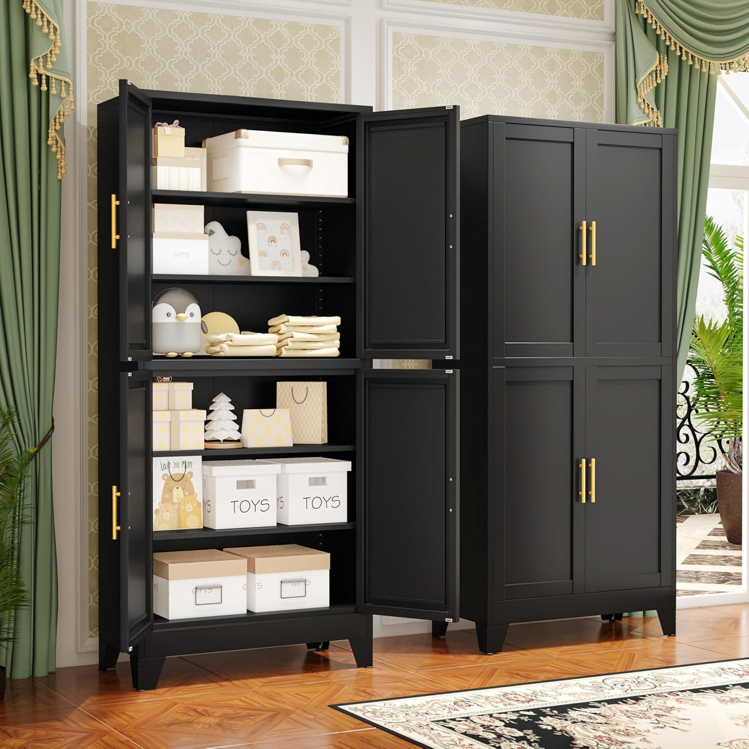 Tall Black Metal Kitchen Pantry Cabinet with Adjustable Shelves