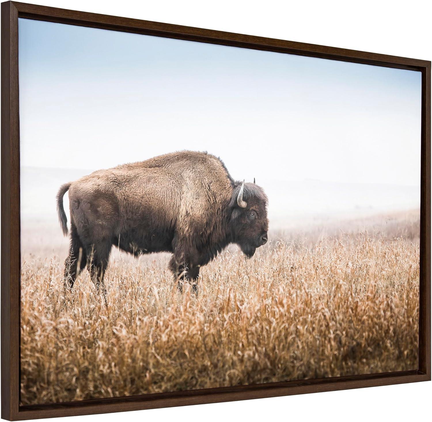 Kate & Laurel All Things Decor Sylvie American Bison Buffalo in Prairie Grass Framed Canvas Wall Art Brown