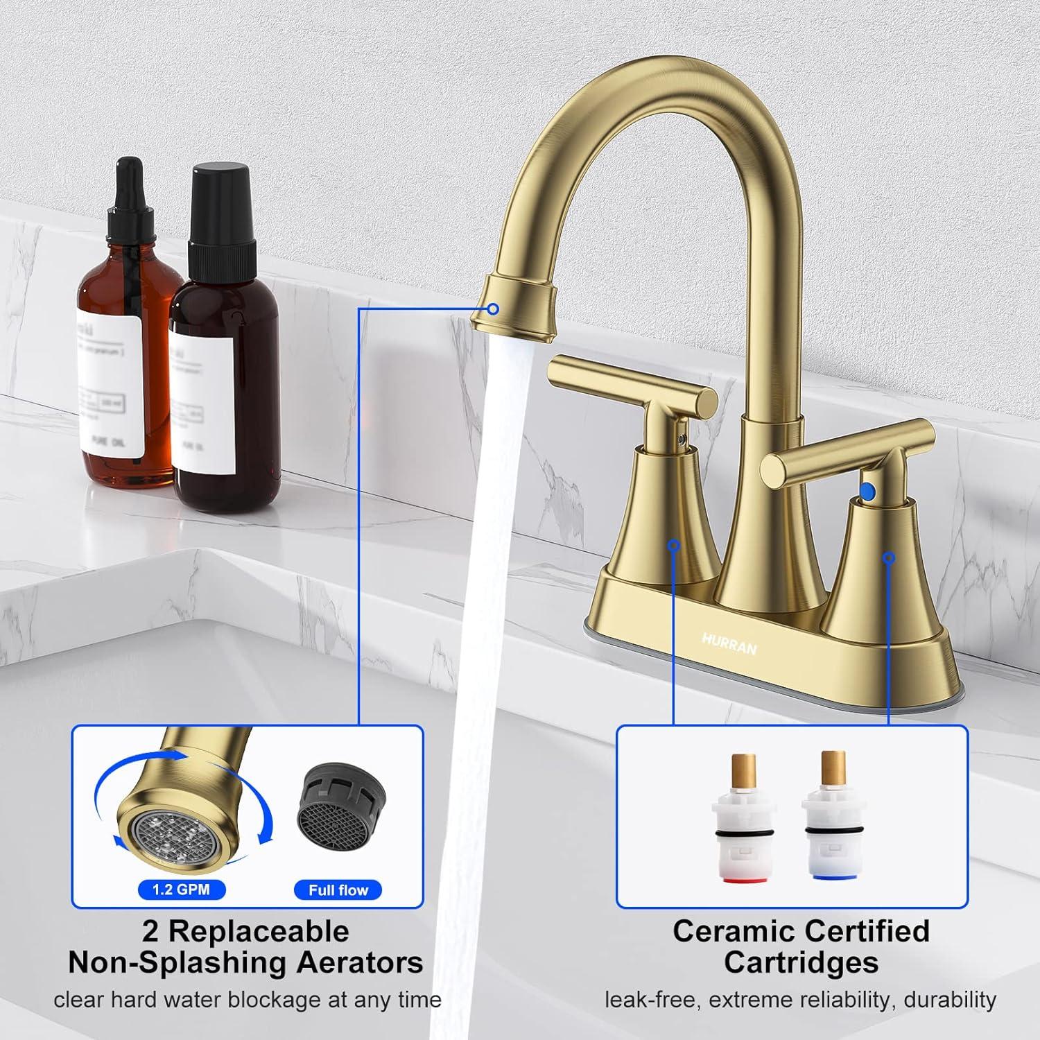 4-Inch Brushed Gold Stainless Steel Bathroom Faucet Set