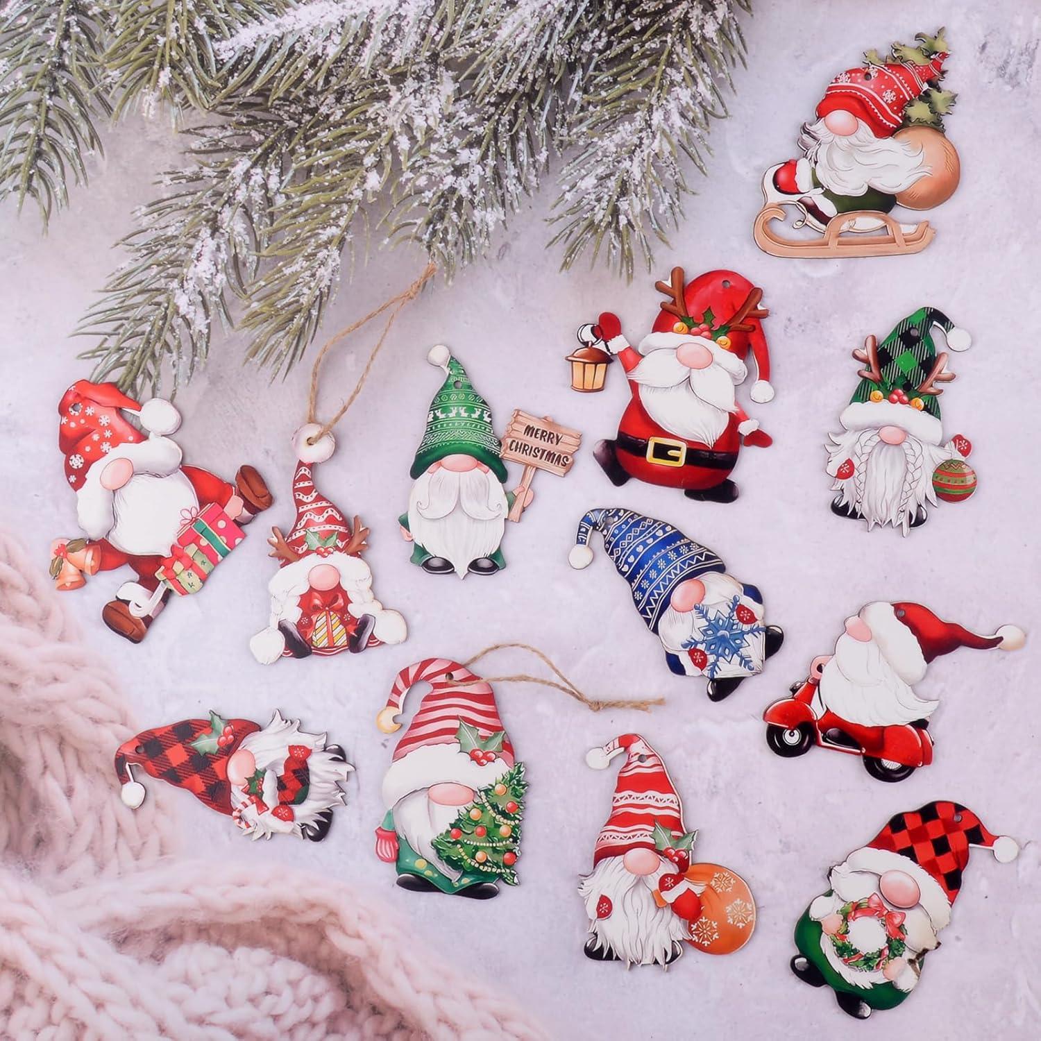 24pcs Gnome Christmas Ornaments Set - Festive Decorations with Wooden Gnomes for Tree Adornments & Ultimate Holiday Celebration Accessories