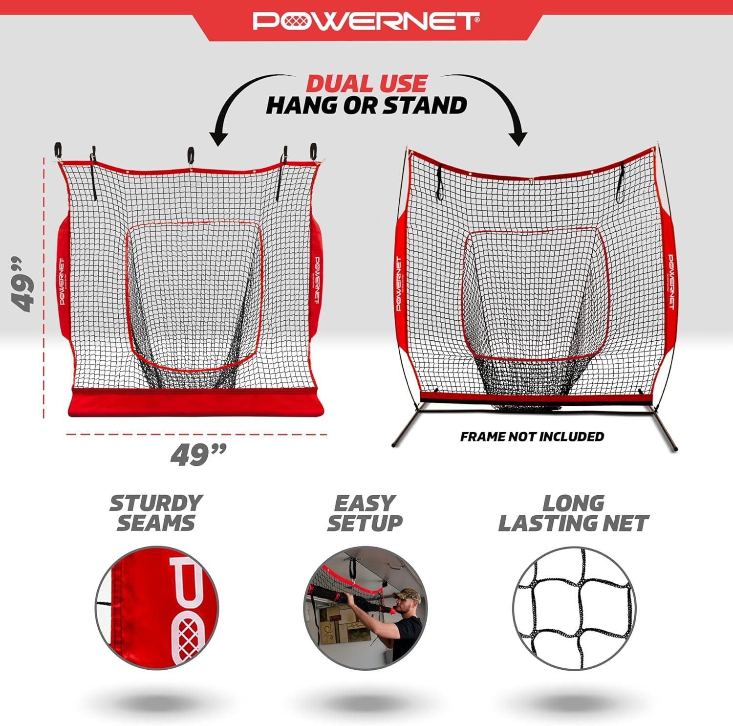 PowerNet Hanging Dual Practice Net, Baseball Softball Training Net, Hang on Garage or Connect to 7x7 PowerNet Frame, Backstop Screen Net for Hitting & Pitching (Net Only)
