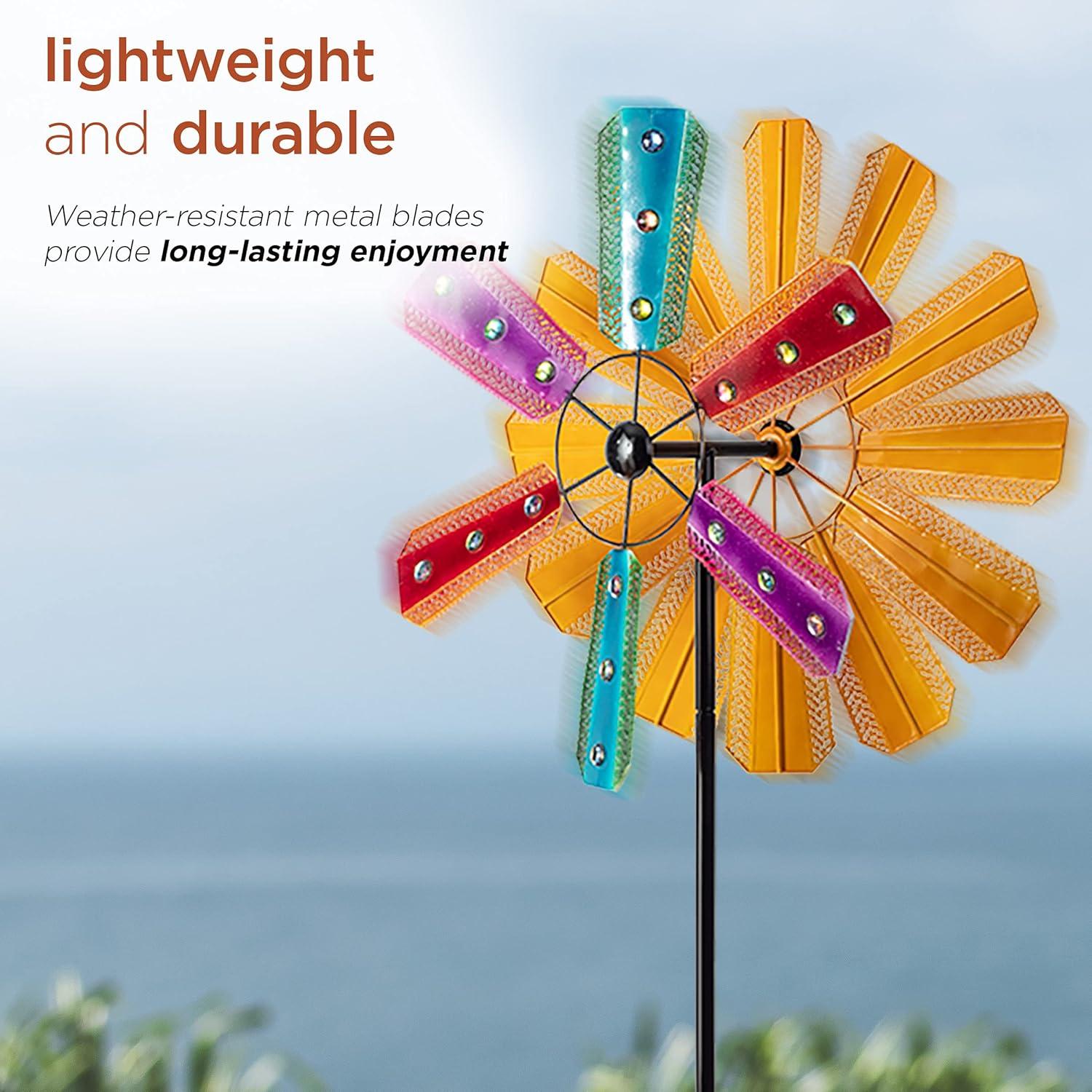 Colorful Bejeweled Metal Windmill Spinner Garden Stake - Alpine Corporation: Decorative Yard Art, Iron Crafted, Multicolored Gems