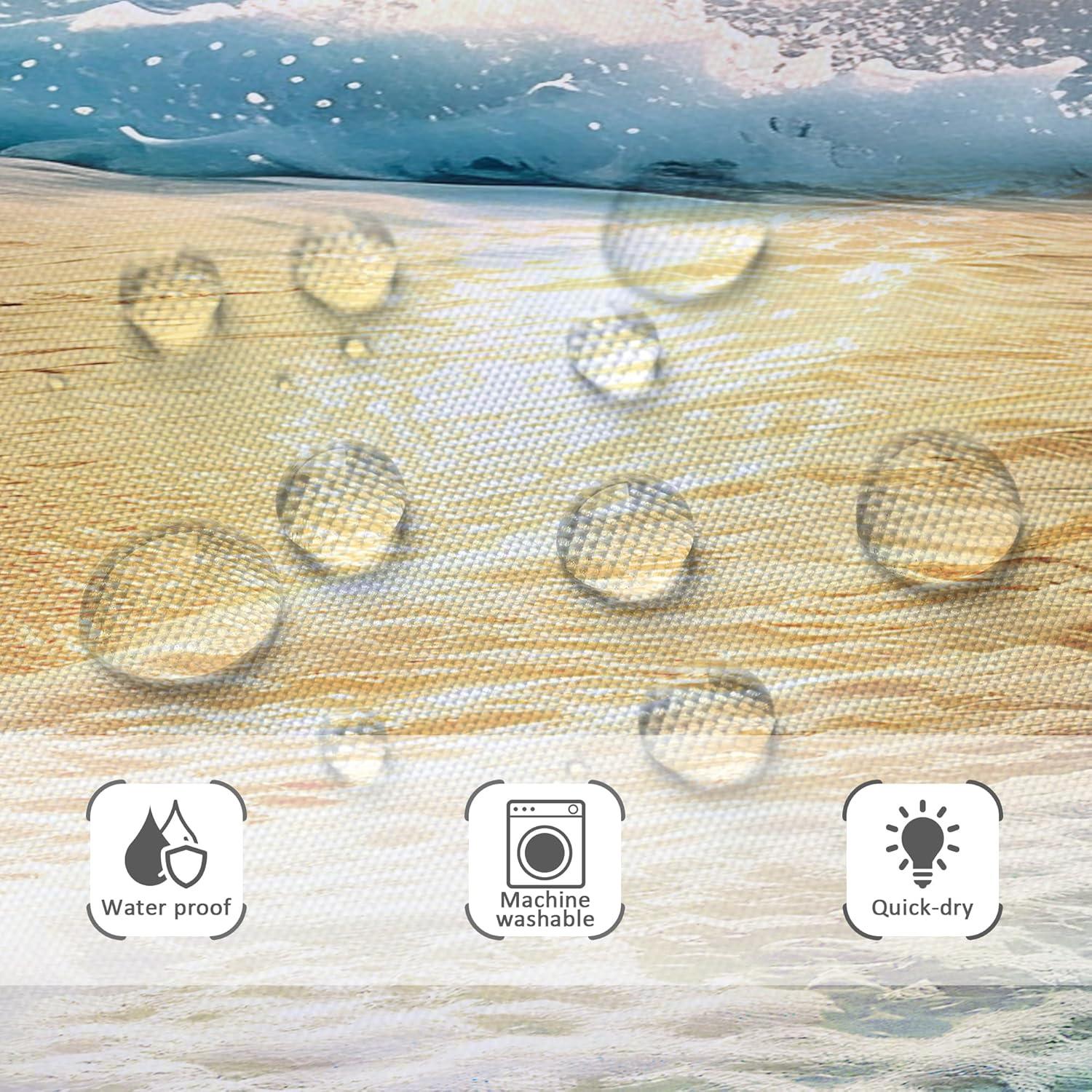 Riyidecor Beach Ocean Themed Shower Curtain Sets for Bathroom, Sunrise Sunset View Scene 71x71 Inch Hawaii Seashore Summer Coastal Seaside Seascape Cloth Fabric Decorative 12 Hooks Waterproof BB-JWXP