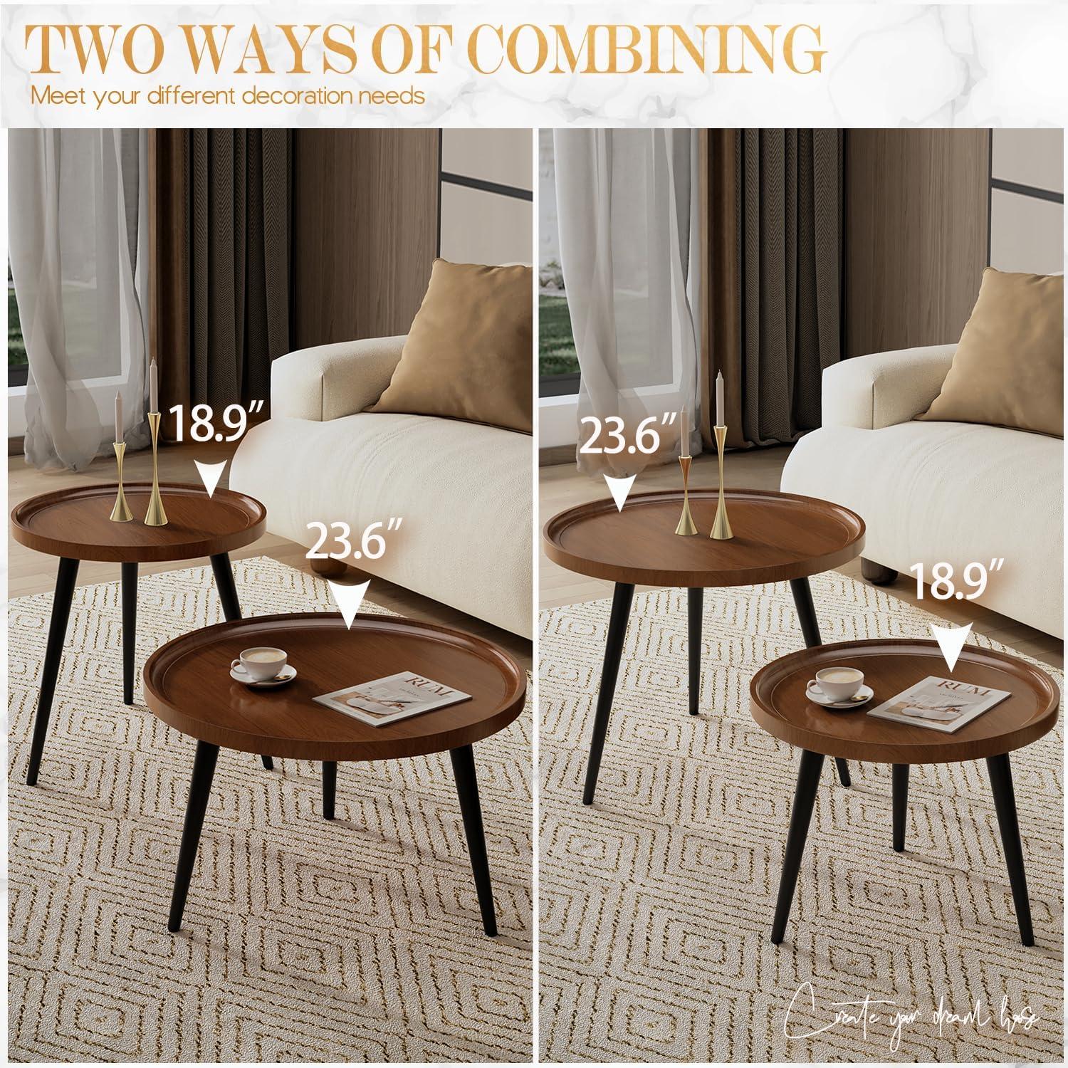 2-Piece Modern Round Coffee Table Set for Living Room,Easy Assembly Nesting Coffee Tables,Walnut Color Circle End Side Tables for Bedroom Office Balcony Yard
