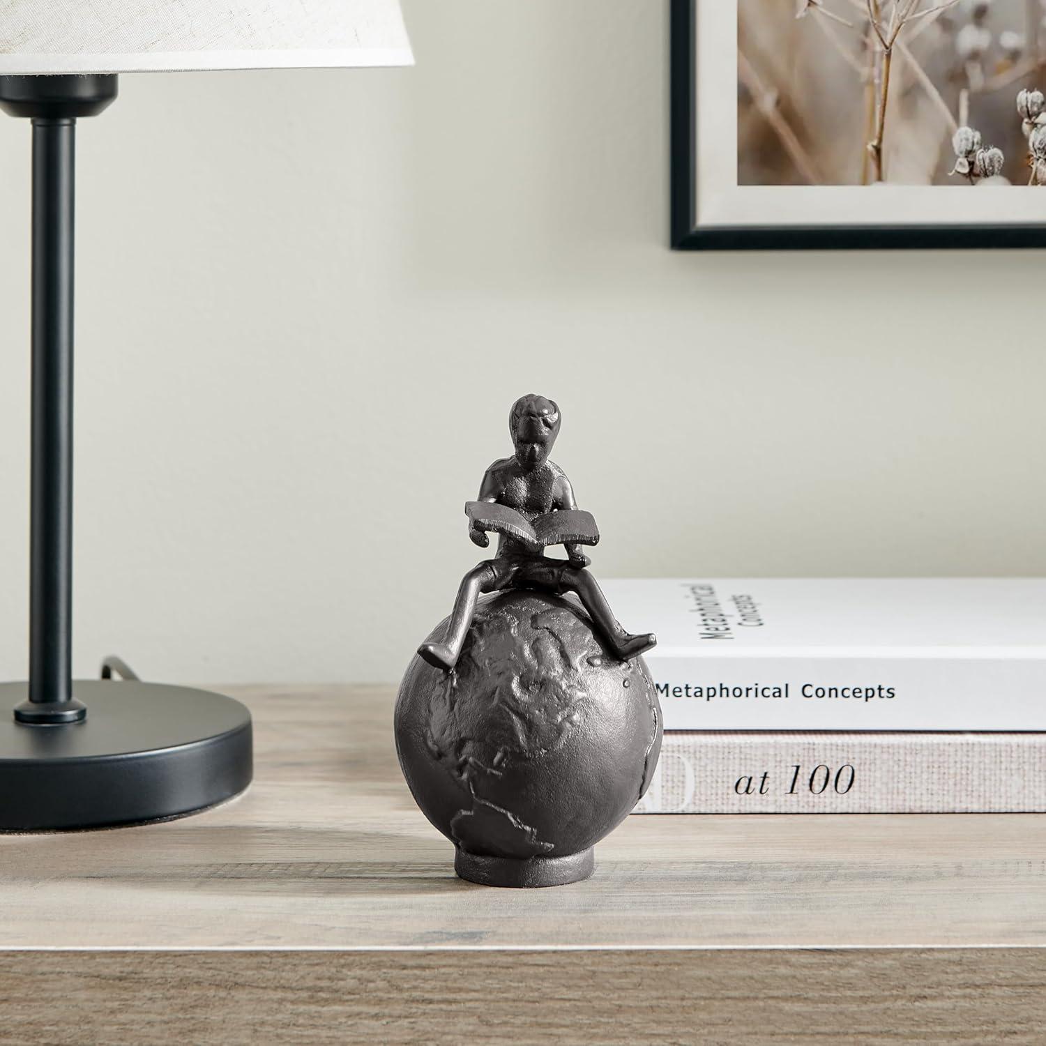 Danya B Brown Cast Iron Boy Reading on Globe Sculpture - Tabletop Desk Ornament or Decorative Paperweight