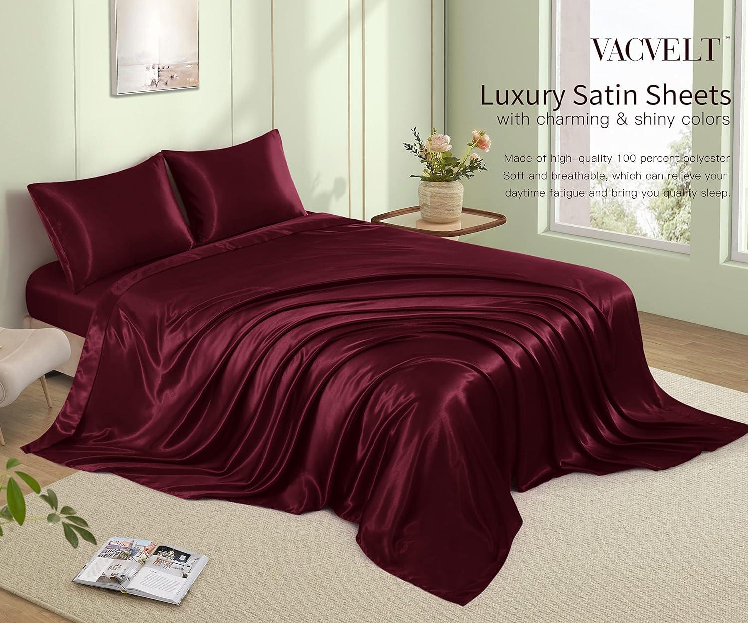 Cloud Fino Luxurious Satin Bed Sheets Burgundy Silk Sheets King 15 " Deep Pocket Pillowcases Sheet, 4-Piece
