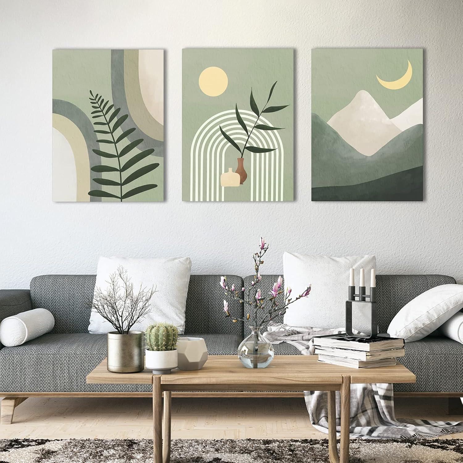 Sage Green Abstract Boho Canvas Wall Art Set