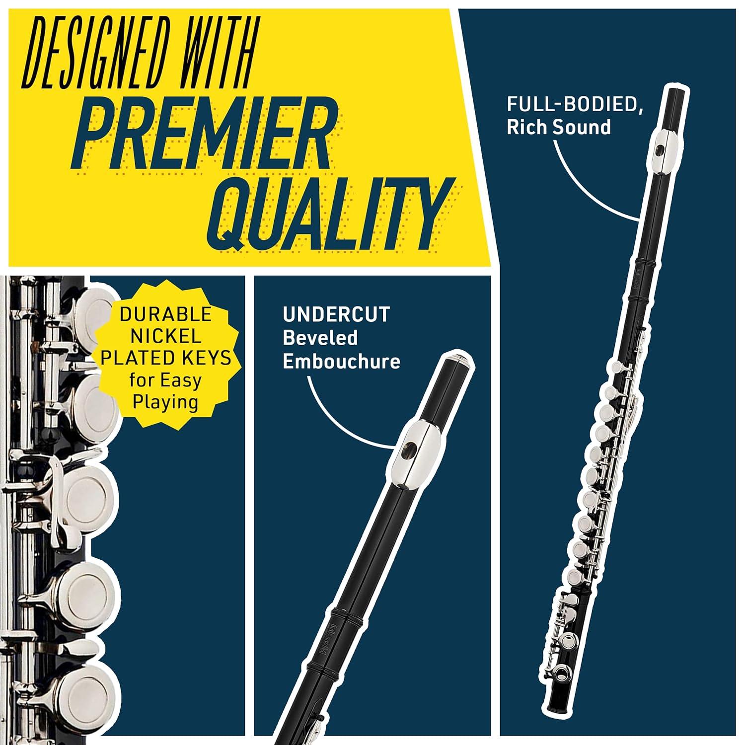 Mendini By Cecilio Flute, 16 Keys C Flute Instrument Closed Hole For Beginners with Carrying Case, Cork Grease, Stand, Lesson Book, Cleaning Kit, Gloves (Black)