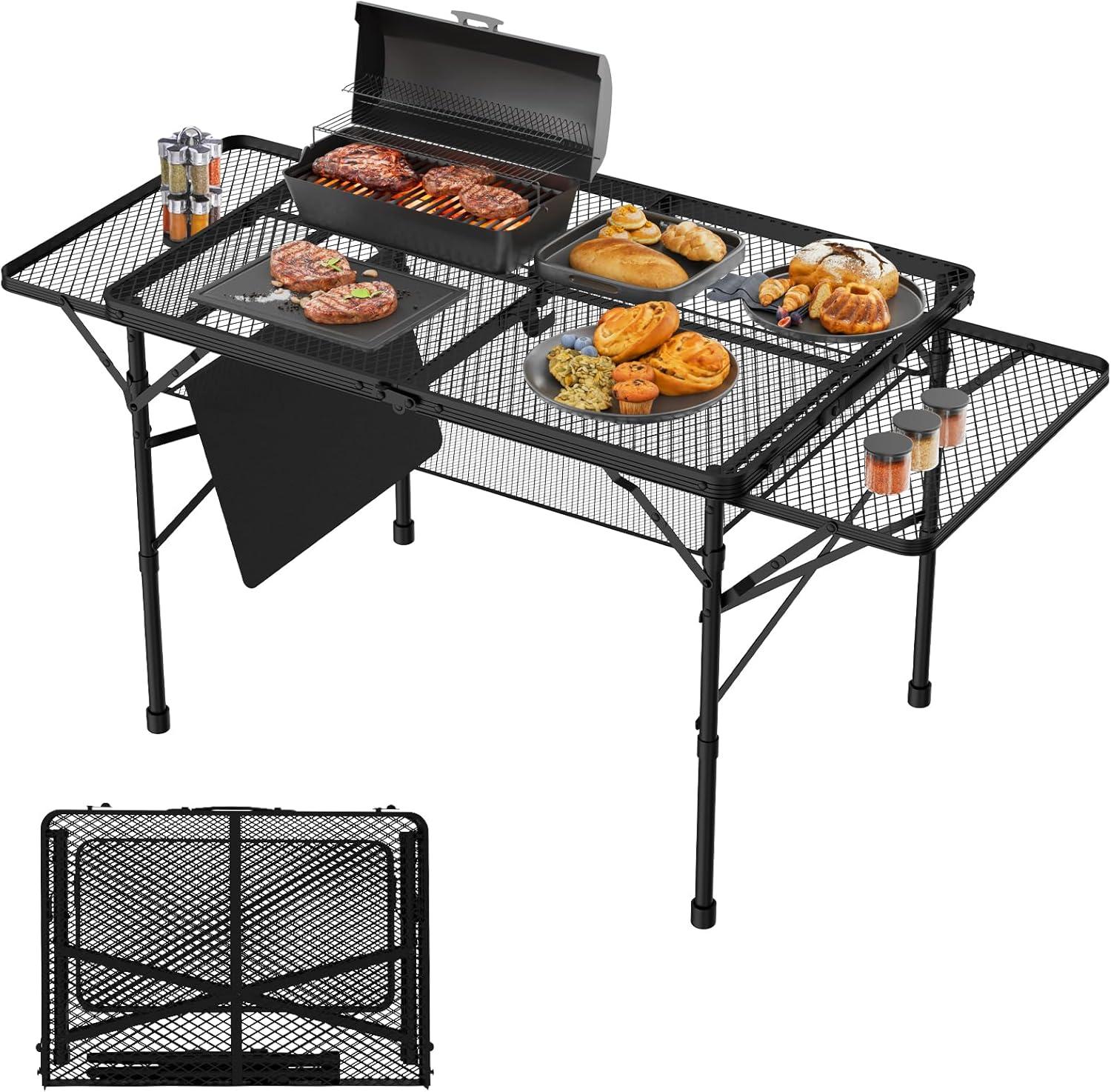 Black Metal Folding Camping Table with Mesh Panels