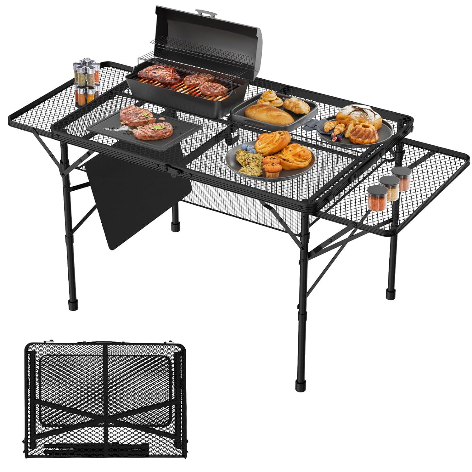 Black Metal Folding Camping Table with Mesh Panels