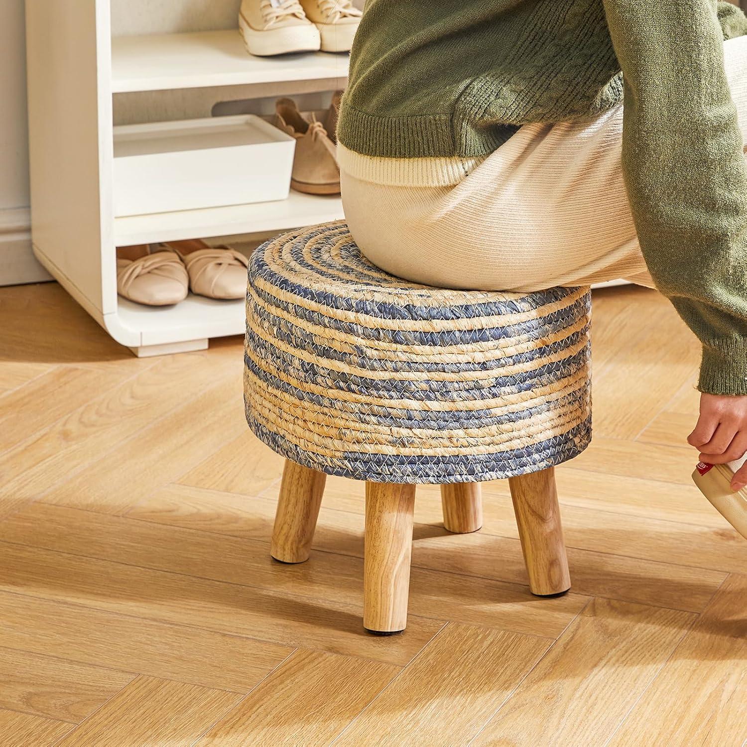 YMYNY Foot Stool Natural Seagrass Hand Weave, 12.6" Small Ottoman, Round Footrest for Living Room, Bedroom, Entryway, Change Shoes Stool, Non-Skid Wood Legs, Boho, Blue+White UHBD027QW