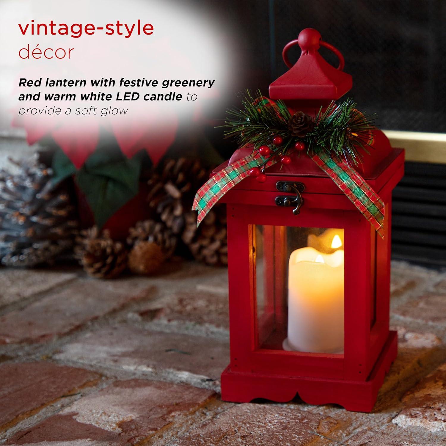 Red Metal and Glass Christmas Lantern with LED Candle