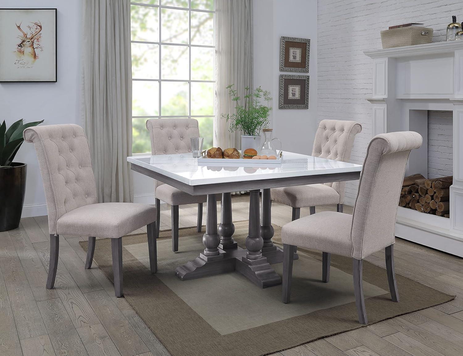 Transitional Gray Oak and White Marble Square Dining Table